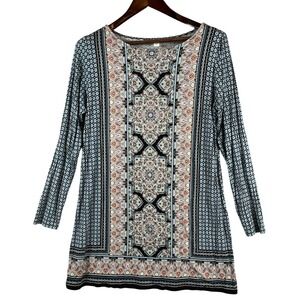 J Jill Womens L Tunic Top Paisley Border Print 3/4 Sleeve Multicolor Boho Casual